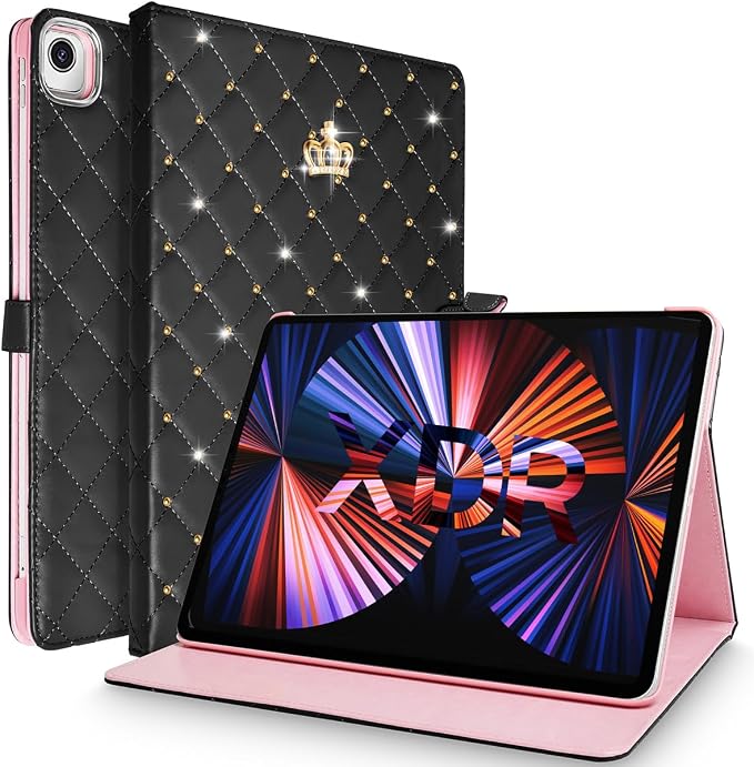 for iPad 10.2 Case 9th/8th/7th Generation (2021/2020/2019) Crown Bling Diamond Cute Elegant PU Leather Smart Auto Sleep/Wake Stand Shockproof Protective Case for Apple iPad 10.2 inch (Black)