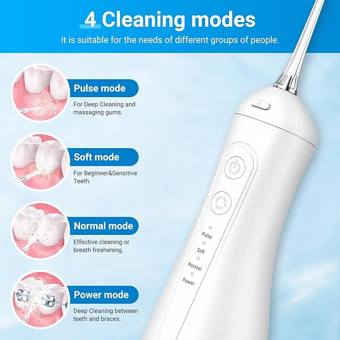 R REVA Portable Water Flosser for Teeth - 4 Modes Cordless Oral Irrigator with 300ML Tank, 360° Rotating Nozzle, 4 Jet Tips, Rechargeable, IPX7 Waterproof, Low Noise Gravity Ball Design (M159 - White)