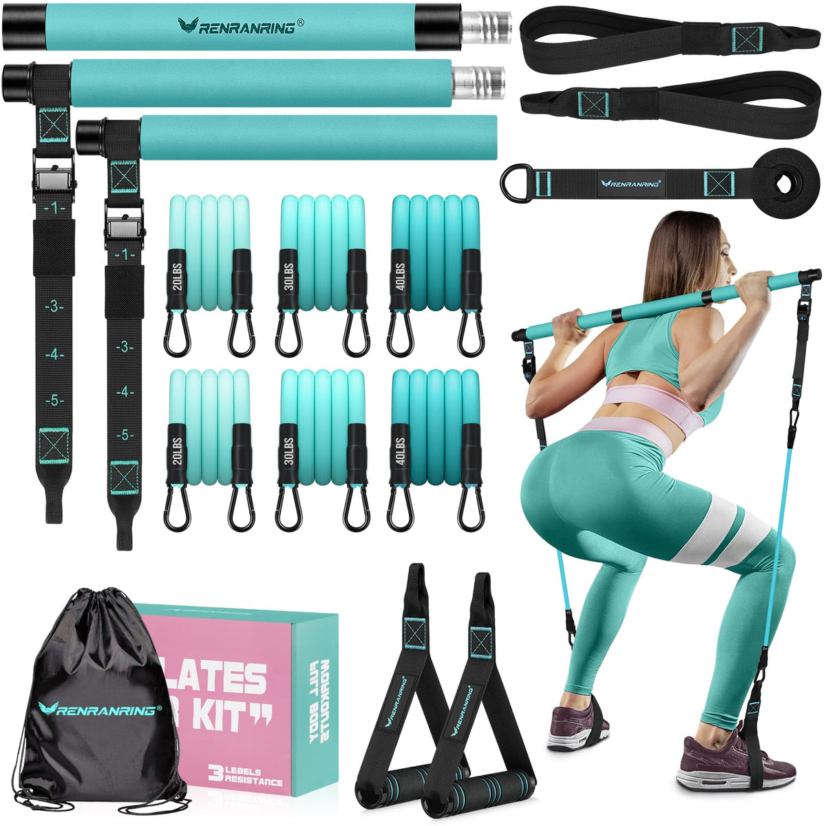 Pilates Bar Kit with 6 Latex Resistance Bands, Adjustable Exercise Bar
