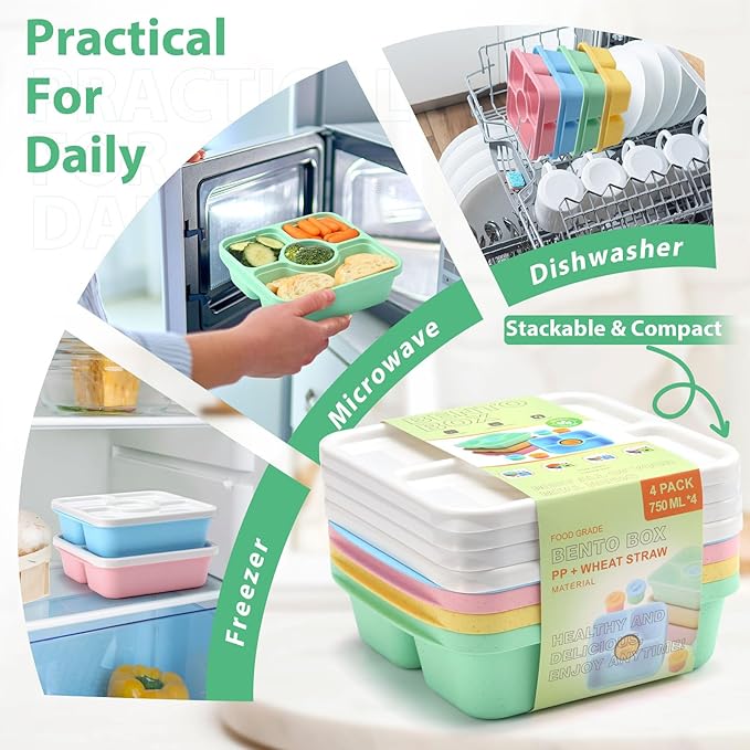 QQKO Bento Snack Box Containers for Adults Kids, 4 Pack Lunchable Meal Prep Containers Reusable, Stackable Bento Lunch Box, Food Storage Prep Containers with 4 Sauce Cups, Pastel Color, White Lid