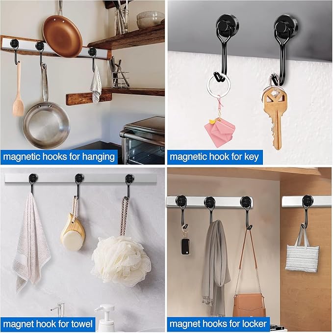 LOVIMAG Hooks, 30lbs+ Magnetic Magnet Hook 2025 Cruise Cabin Ship Essentials Heavy Duty Strong Refrigerator Fridge Hanging for Classroom Beach Vacation Kitchen Grills Home Mug Hanger (12 Pack), Black