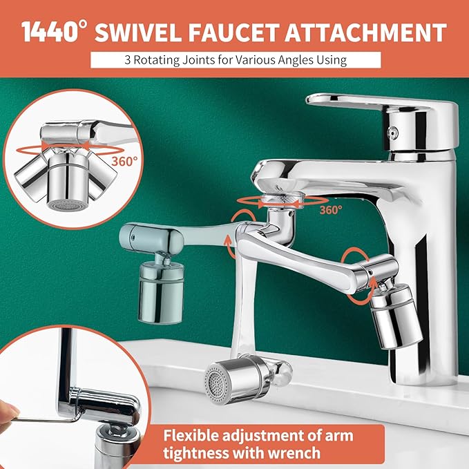 Patented CECEFIN 1080°Swivel Faucet-Extender Sink-Aerator - 2-Mode Splash Water Tap Extension, Kitchen Bathroom 360 Rotate Spray Attachment, Multifunctional Universal Robotic Arm -Wash Hand/Hair/Face