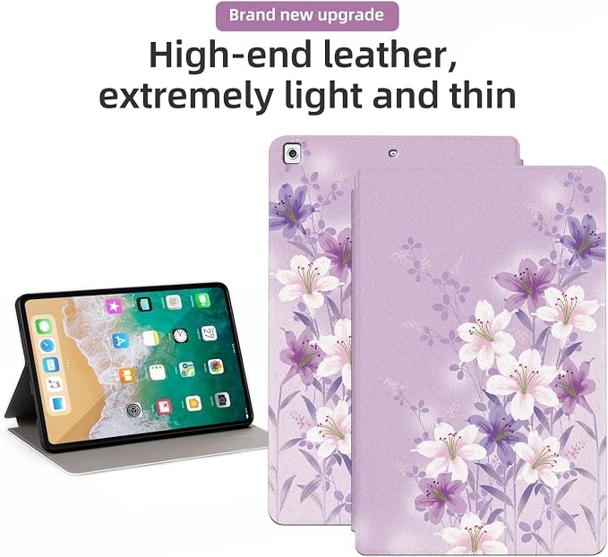 Case for iPad 5th Generation 9.7-Inch (2017) and Case iPad (2018 6th)/iPad Air 2/iPad Air for Girls Women Multi-Angle Viewing Stand Smart Back Protective Cover Auto Wake/Sleep Purple Flower