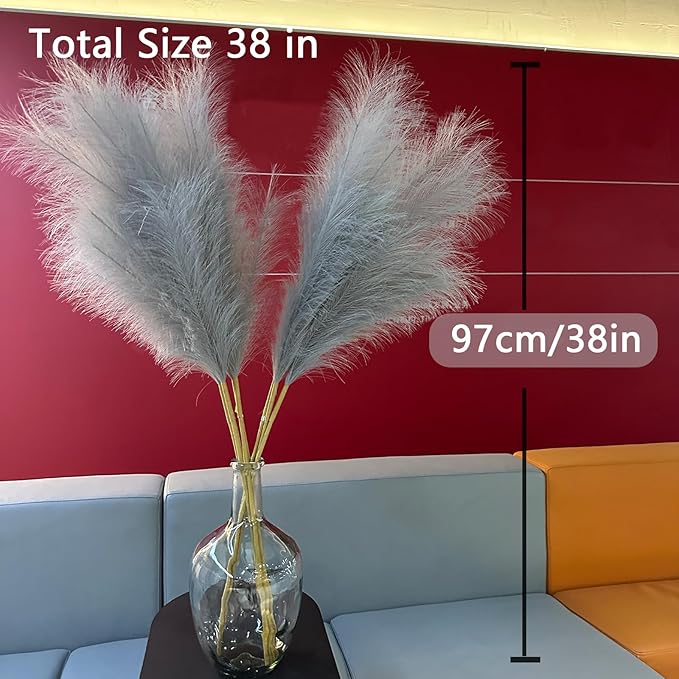 38" 10 Stems Faux Pampas Grass Tall - Grey Tall Pampas Grass Decor Pompas Floral Arrangement and Vase Filler for Boho Home Wedding Mothers Day Decoration
