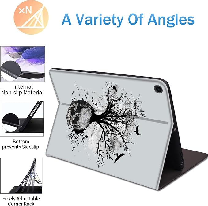 for Samsung Galaxy Tab A8 10.5 2022 Slim Case with Adjustable Stand Cover with Auto Wake/Sleep Smart Cover for Samsung Galaxy A8 10.5 Inch（SM-X200/X205/X207）- Black and White Skull Head Tree