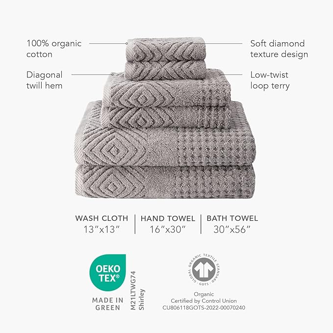 Texere 100% Organic Cotton Diamond Jacquard 700 GSM Luxury Bath Towel Sets - 2 Ultra Soft, Large Bath Towels, 2 Hand Towels, 2 Washcloths (Diamond, Cathedral Gray, 6 Piece)