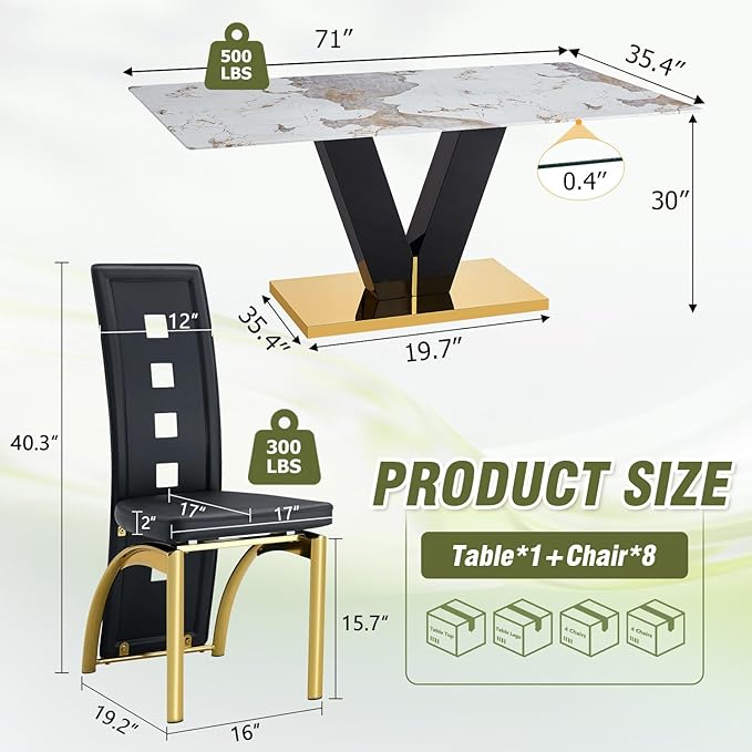 71'' Dining Table Set for 8,Rectangular Dining Room Table Set for 8,Marble Dining Table with 8 PU Leather Dining Chairs,Gold Dining Room Table with Glossy V-Shaped Base Ideal for Kitchen