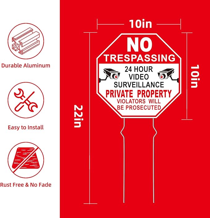 NO Trespassing Signs Private Property Video Surveillance Sign, Large 4-Pack 10"x10" Double-Sided Signs, Corrugated Plastic, Metal Stakes, Outdoor Yard Sign for Home and Front Door Land, and Garden, Lawn