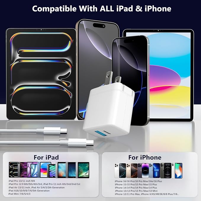 20W Dula Port USB C Fast Charger for iPad A16/10th Generation iPad Pro 13/12.9/11 inch iPad Air 13/11 inch/4/5th iPad mini iPhone Foldable Compact Charger with 6.6FT USB C Charging Cable
