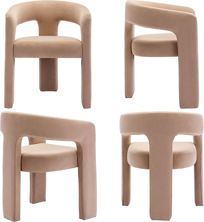 Set of 2 Modern Velvet Fabric Upholstered Dining Chairs with Open-Back, Cute Barrel Side Chairs Kitchen Armchair Accent Chairs for Dining Room Bedroom, Khaki