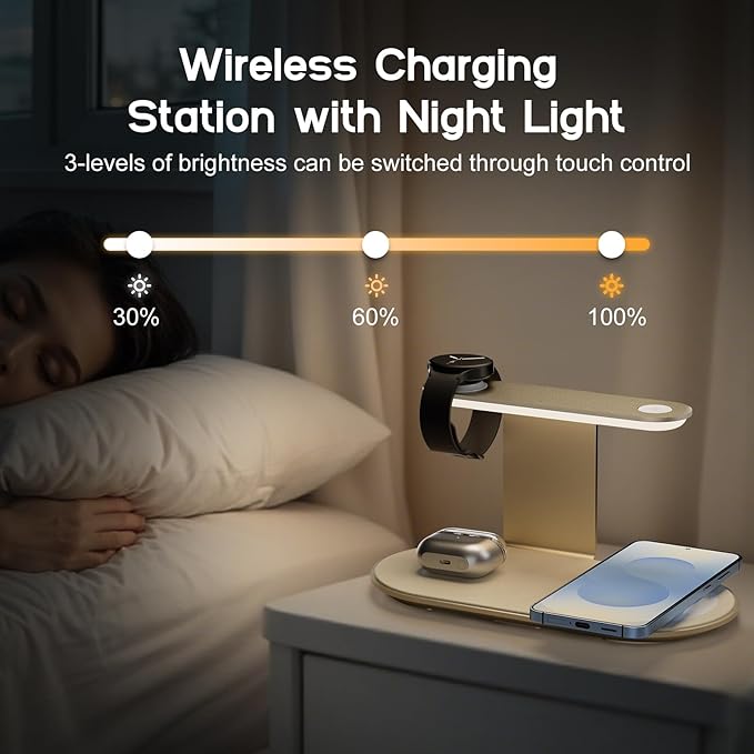 Aluminum 4-in-1 Charging Station for Samsung/Android with 3-Level Night Light, 18W Wireless Charger for Galaxy S25 Ultra/S24/S23/S22/Note 20,Galaxy Watch Ultra/8/7,Galaxy Buds 3 Pro(Starlight)