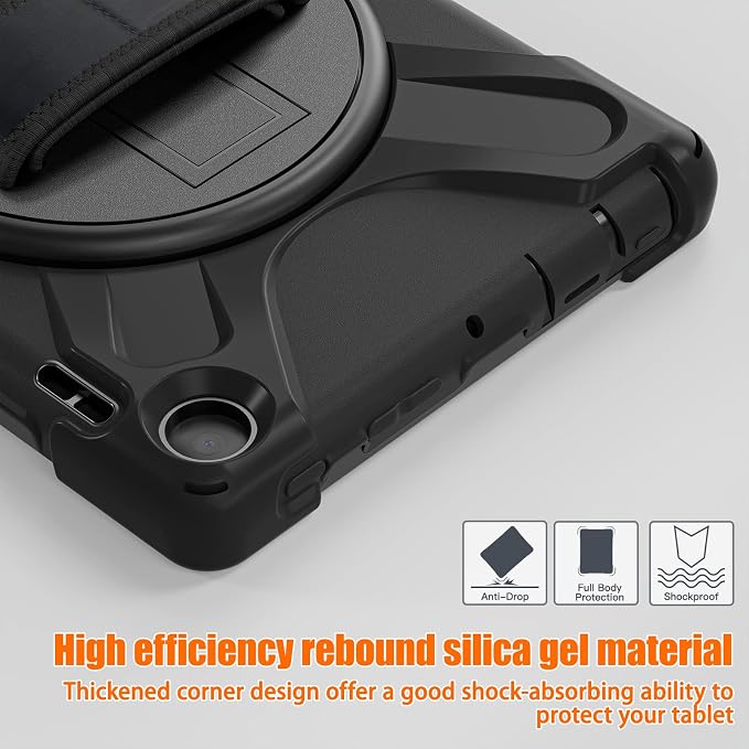 Rugged Case for Amazon-Kindle-Fire-HD-8 &amp 8 Plus Tablet (12th Generation 2022) 8“ w/ 360° Rotating Hands-Free Kickstand Full Body Armor Heavy Duty Shock-Proof Cover w/Hand/Shoulder Strap(Black)