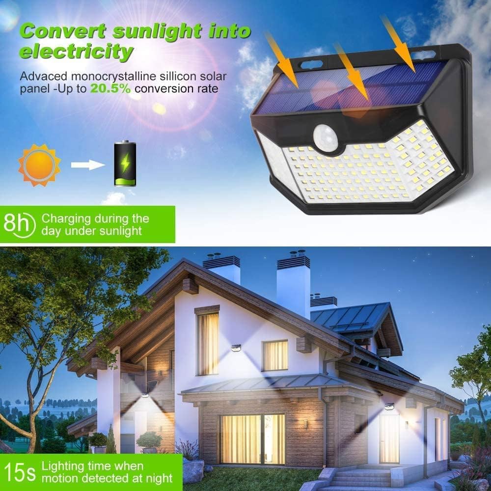 HMCITY Solar Lights Outdoor 120 LED with 3 Lighting Modes, Motion Sensor Wall Lights,IP65 Waterproof Solar Powered for Garden Patio Yard (Back Button 2Packs, Black Shell-Daylight White)