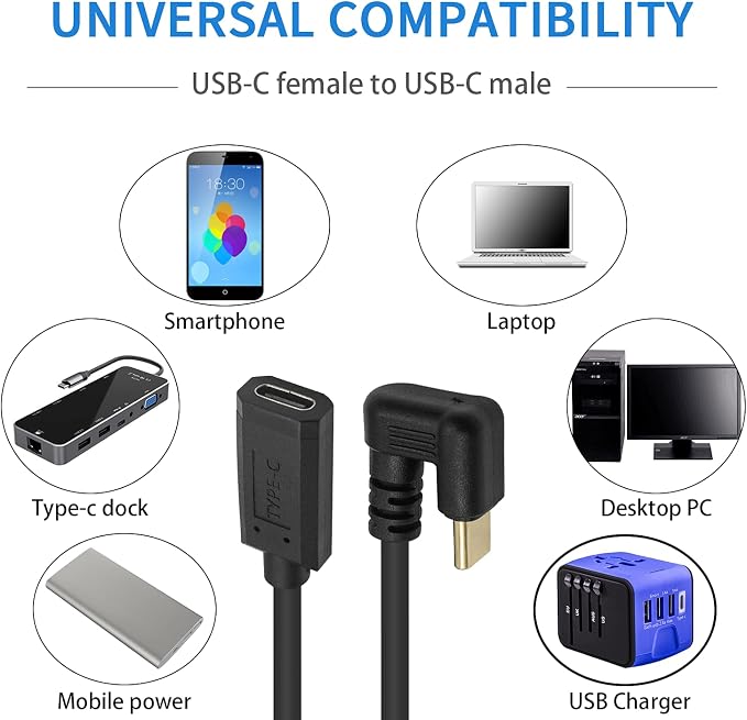 Poyiccot USB Type C Extension Cable 6ft U Shape USB C 10Gbps 60W USB 3.1 Type C Male to Female Cable 180 Degree Type C Extender for Smartphone MacBook