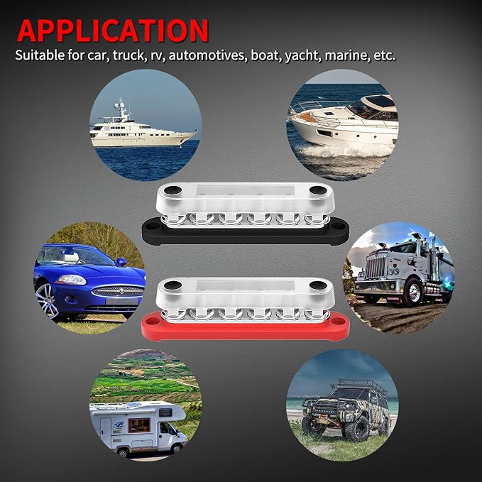 DAIERTEK 12V Bus Bar 6 x 5/16" (M8) Terminal Studs 12 Volt Power Distribution Block with Cover Battery Bus Bar 12V - 48V Positive & Negative for Automotive Car Boat Solar System