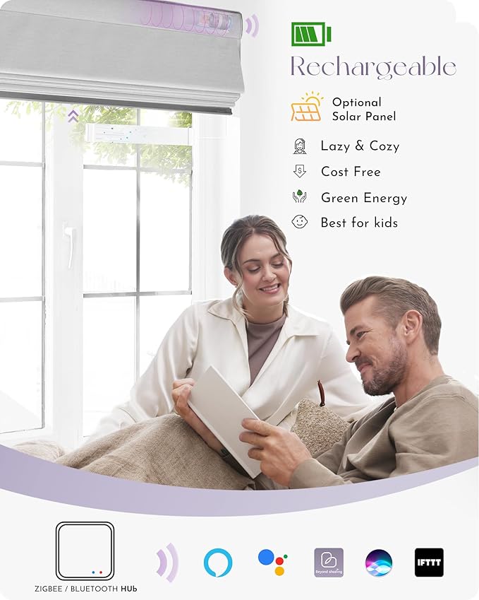 Graywind Smart Roman Shades 60% Blackout Compatible with Alexa Google Rechargeable Motorized Blinds Remote Plain Fold, Custom Size (Light Filtering Matelasse Grey)