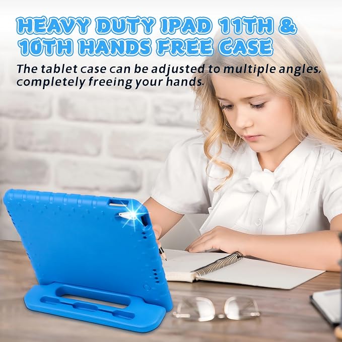 Heavy Duty Kids Case for iPad 10th/11th(A16) Pencil Holder Stand | Rugged Protection Cover for 11/10.9-inch iPad 2025/2022 Lightweight EVA Foam Anti-slip for Home School Travel Blue