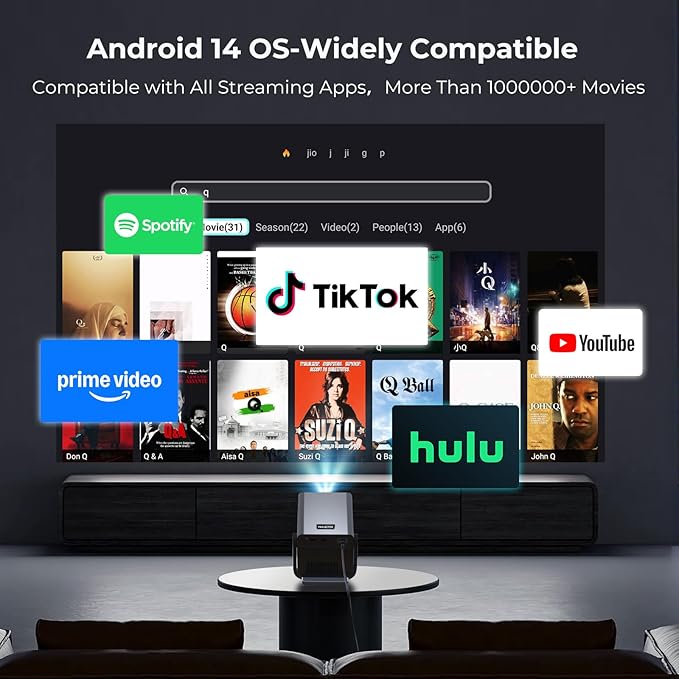 [8K 4K Support/2000 ANSI/AI Visual Calibration] Native 1080P Projector with Android 14 OS Smart Video Projector Compatible with Netflix YouTube Dolby Atmos AI Auto Focus&Keystone&Obstacle Avoidance