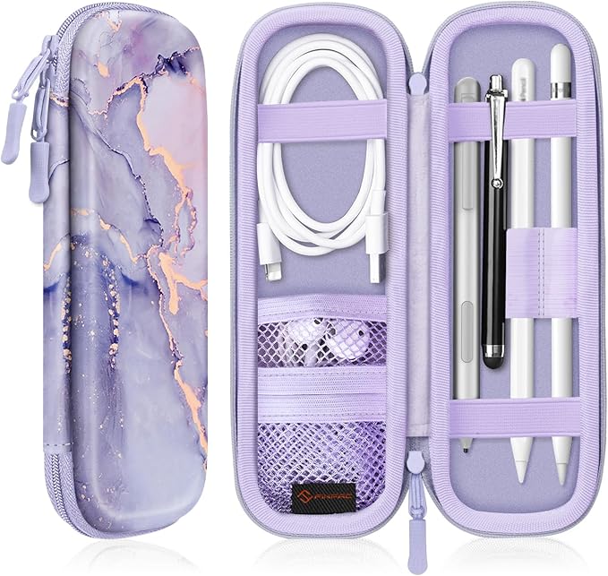 Fintie Holder Case for Apple Pencil Pro, Apple Pencil (USB-C / 1st / 2nd Generation), PU Leather Carrying Bag Sleeve Compatible with Pen, USB Cable, Samsung Stylus, Lilac Marble