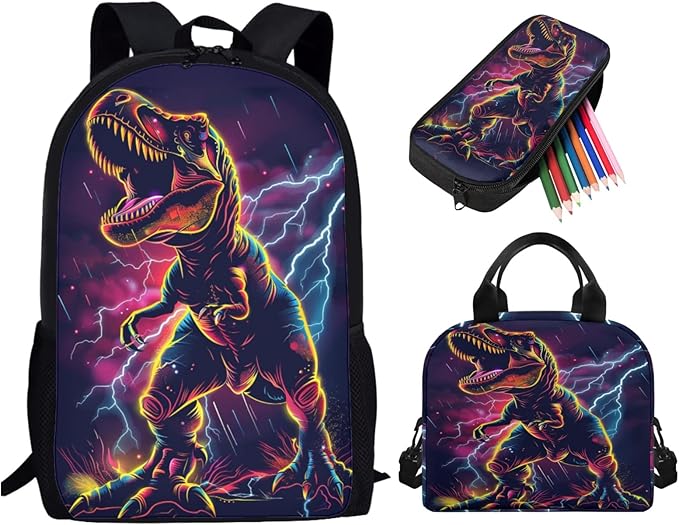 Dinosaur School Bag Set for Girls Purple, 3 Pack Lightweight Kids Backpack Set for Elementary Middle School, Book Bag for Boys with Lunch Box with Kawaii Pencil Case, Purple