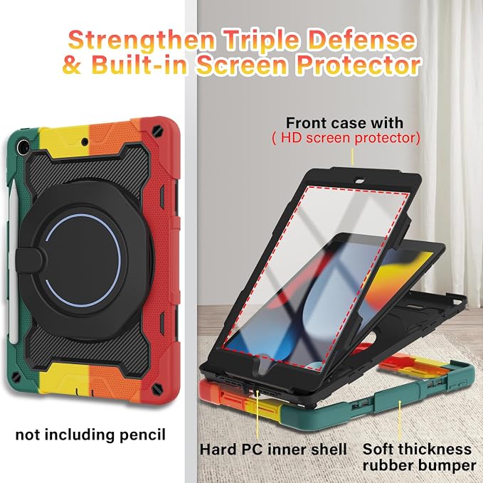 for iPad 9th 8th 7th Generation Case(iPad 10.2 inch) for Kids | 15ft Drop Protection Rugged with 360 Kickstand Handle Shoulder Strap，HD Screen Protector，Shockproof (2021/2020/2019 Release)