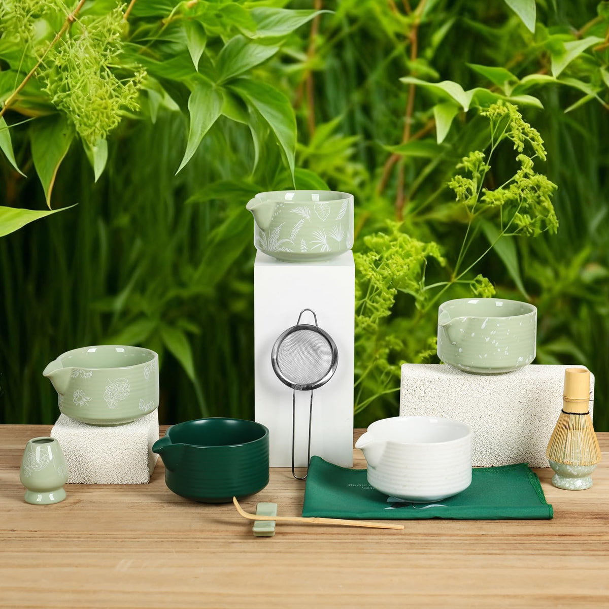 Dark Green Matcha Set,Matcha Whisk Set with Holder, Stainless Sifter & Scoop, Tea Towel,Traditional matcha making set,green tea ceremony,7Pcs