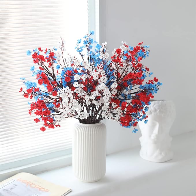 Hananona 10 Pcs 4th of July Flowers Artificial Babys Breath Fake Silk Patriotic Flowers for Independence Day Home Decor Floral Arrangement Table Centerpieces (10, Mix)