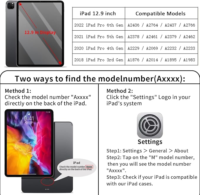Clear Case for iPad Pro 12.9 inch 6th/5th/4th/3rd Gen with Y-fold &amp Trifold Stand Pencil Holder Support Pencil Charging [Auto Wake/Sleep] Lightweight Shockproof Hard PC Back Cover Black