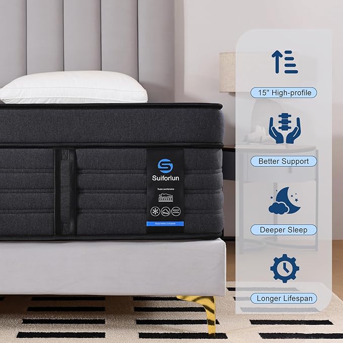 Suiforlun 15" Full Mattress, Gel & Bamboo Charcoal Infused Memory Foam, Medium Euro Top Hybrid Pocket Spring Mattress for Restful Sleep, Enhanced Pressure Relief and Edge Support, 120 Nights Trial