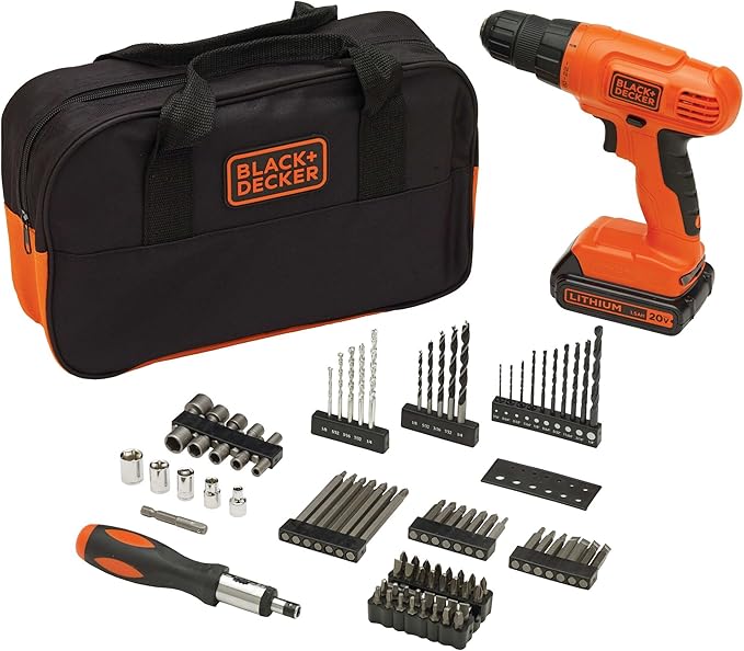 BLACK+DECKER 20V MAX* POWERCONNECT Cordless Drill Driver Kit with Drill Bit Set and Sockets, 100 pc. Tool Kit for Home, Battery and Charger Included ,Orange (BDC120VA100)