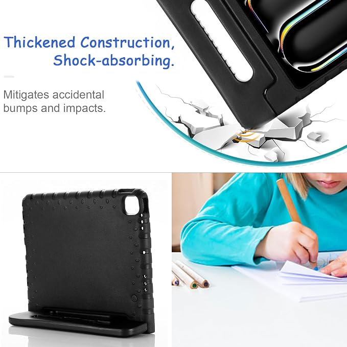 Kids Case for iPad Pro 11 M5/M4 &amp iPad Air 11 (2026/2025/2024) Shockproof Case with Pencil Holder Techcircle Light EVA Foam Handle Stand Bumper Protective Child Friendly Drop Proof Cover Black
