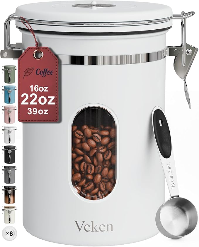 Veken Coffee Canister with Window, Airtight Stainless Steel Kitchen Food Storage Container with Lids, Date Tracker and Scoop for Grounds Coffee, Beans, Tea, Flour, Cereal, Sugar Jars, 22OZ, White