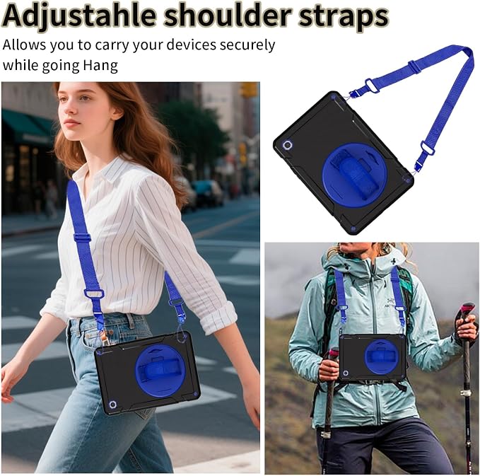 Case for Samsung Galaxy Tab A8 10.5'' Sturdy Heavy Duty Full-Body Shockproof Protective Case 360° Rotating Stand Hand/Shoulder Strap (Black+Blue)