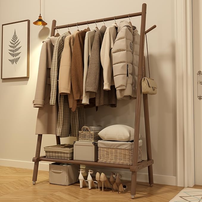 Muwuele Solid Wood Clothing Rack, Rolling Clothes Rack for Hanging Clothes, Garment Rack with Shelves Load 350 Lbs, Portable Closet Organizer on Wheels for Hanging Clothes (Walnut)