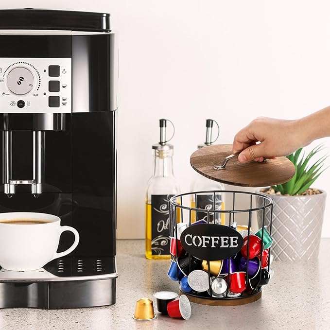 yarlung Coffee Pod Holder with Lid, Large Capacity K Cup Holder with Rustic Wooden Base, Black Wire Coffee Storage Basket for Kitchen Countertop, Cafe Bar Organizer