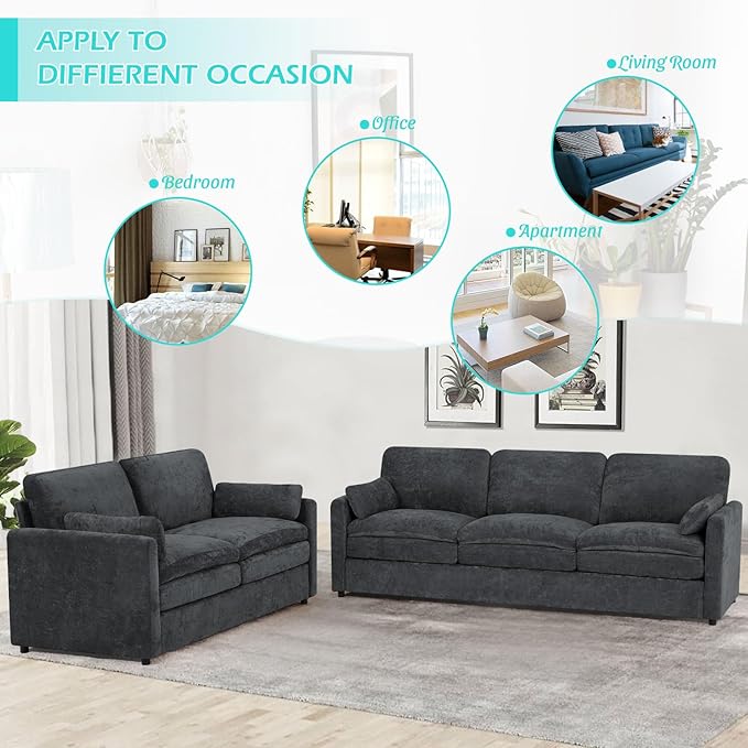 89” Chenille Sofa w/Arm Pillows, Upholstered 3-Seater Sofa w/Comfortable Back Cushions, Modern 3 Seats Couch w/High-Density Foam for Living Room, Apartment, Office, Grey