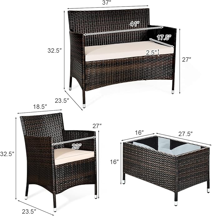 Tangkula 8 PCS Patio Rattan Conversation Set, Outdoor Wicker Furniture Set with Tempered Glass Coffee Table &Thick Cushion, Rattan Chair Wicker Set for Garden, Lawn, Poolside and Backyard (2, Brown)