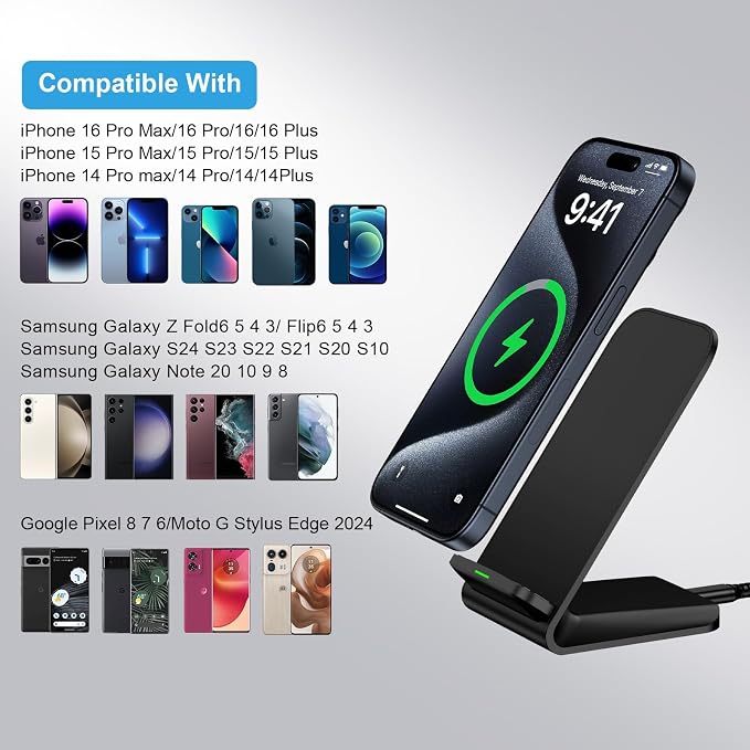 Fast Wireless Charger Qi Certified Wireless Charging Station with Sleep-Friendly Adaptive Light Compatible with iPhone Samsung Google Phone Black