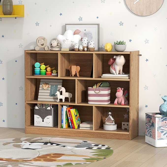 NAFORT 8-Cube Organizer Storage Cabinet, 3-Tier Bookshelf,Low Displaycase, Wooden Bookcase for Bedroom/Preschook/Classroom/Office, Natural