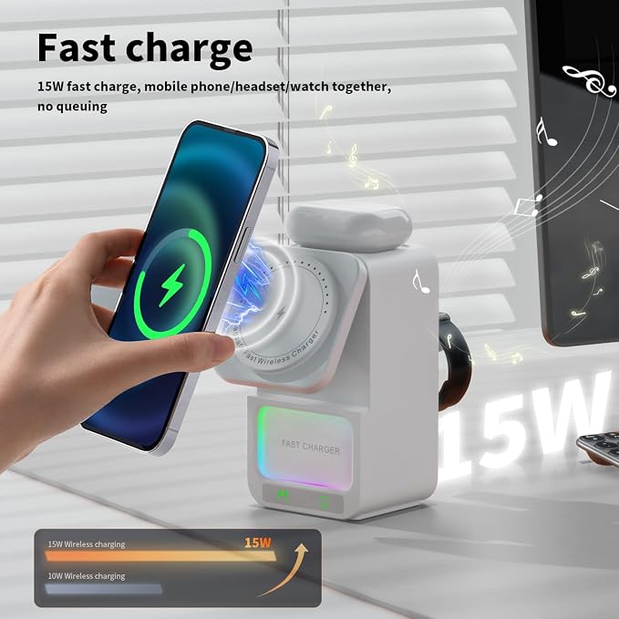 4 in 1 Magnetic Wireless Charging Station Foldable Wireless Charger Stand with Bluetooth Speaker for iPhone 16 15 14 13 Series for AirPods 3/2/Pro for Apple Watch Ultra/SE/9/8/7/6/5/4/3/2/1 (Black)