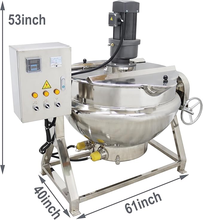 TECHTONGDA 54gallon Commercial Electric Cooking Pot with Stirrer Tilting Jacketed Heating Machine Stainless Steel for Soup Chilli Tomato Sauce Fruit Jams Porridge 220V