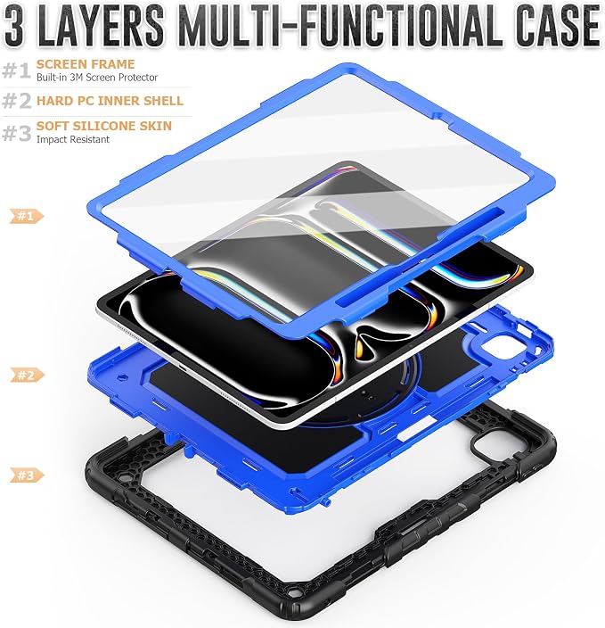 for iPad Pro 11 inch Protective Case M5 2025/M4 2024: Heavy Duty Shockproof Case with Pencil Holder - 360°Rotating Handle/Stand - Screen Protector - Shoulder Strap Black/Sky Blue