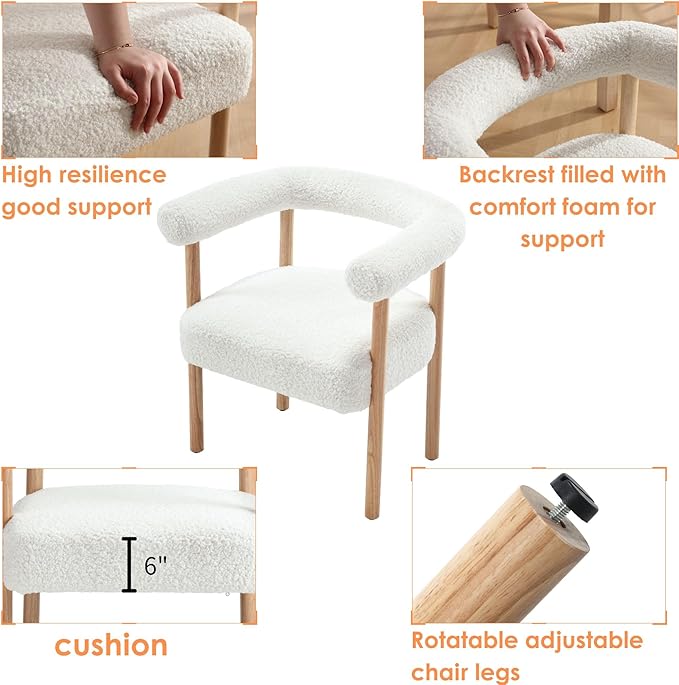 Mid-Century Modern Dining Chairs Set of 2 Armrest Barrel Dining Chairs Side Chairs with Curved Back, Upholstered Wood Armchairs for Kitchen, Sherpa White