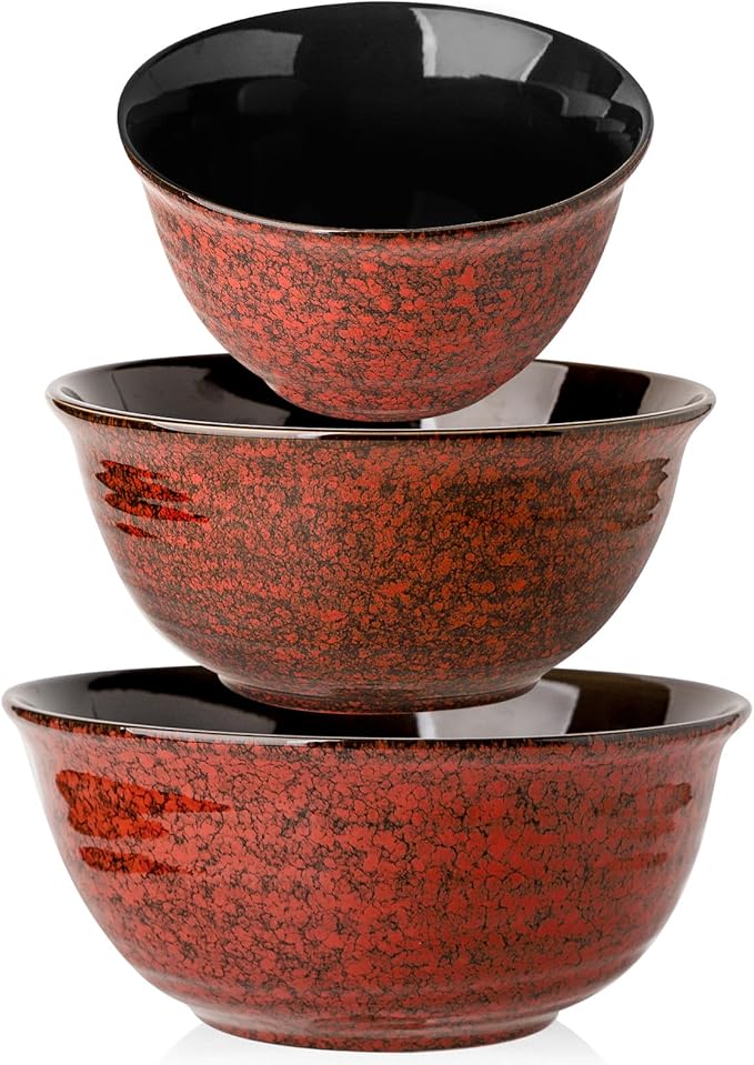 Hasense Mixing Bowls Set of 3, Procelain Serving Bowls Set for Cooking, Baking, Large Nesting Bowls for Salads, Fruit, 2.1/1.5/1.0 Qt, Dishwasher & Microwave Safe, Red