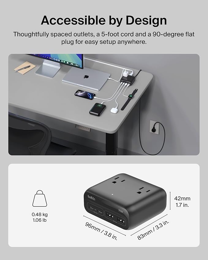 Belkin GaN Charging Station 70W, 7-in-1 Dual USB C Charger w/ 3X AC Outlets, 2X USB A Ports - Power Strip for iPhone, Apple Watch, iPad, MacBook, Chromebook, Samsung Galaxy, Pixel 10, & More - Black