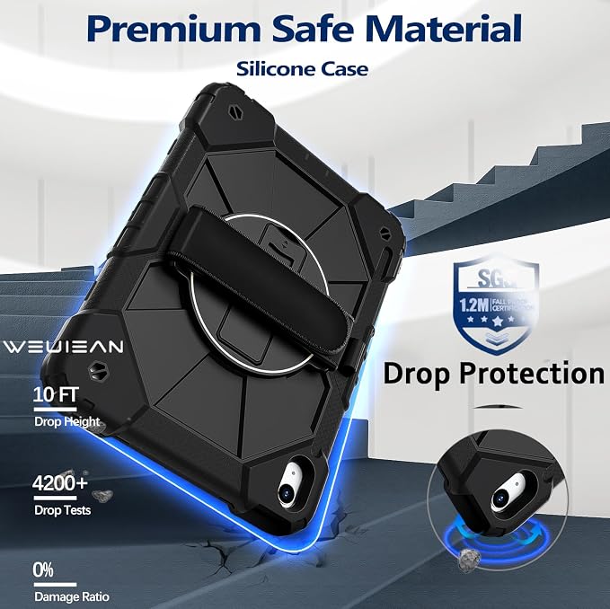 Weuiean Case for iPad A16 11th/10th Generation 11/10.9 Military-Grade Heavy-Duty Shockproof Cover with 360° Rotating Stand Built-in Pencil Holder &amp Adjustable Hand/Shoulder Strap - Black