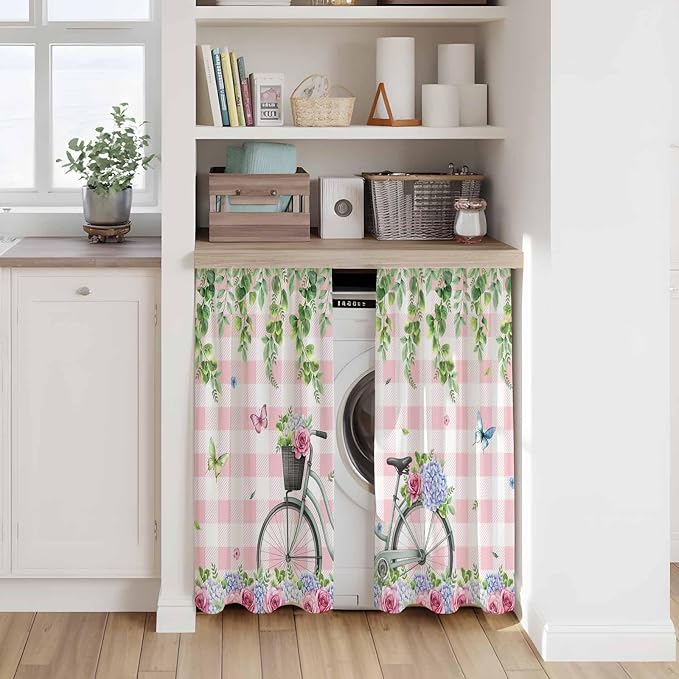 Spring Kitchen Curtains, Bicycles Leaves Butterfly Flowers Pink Buffalo Plaid