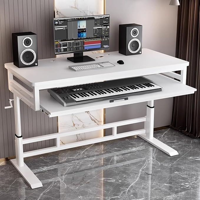 Studio Desk with Keyboard Tray | Hand-Crank Adjustable Standing Desk Workstation for Music Production, Cable Management, MIDI Keyboard Shelf (White, 55In)