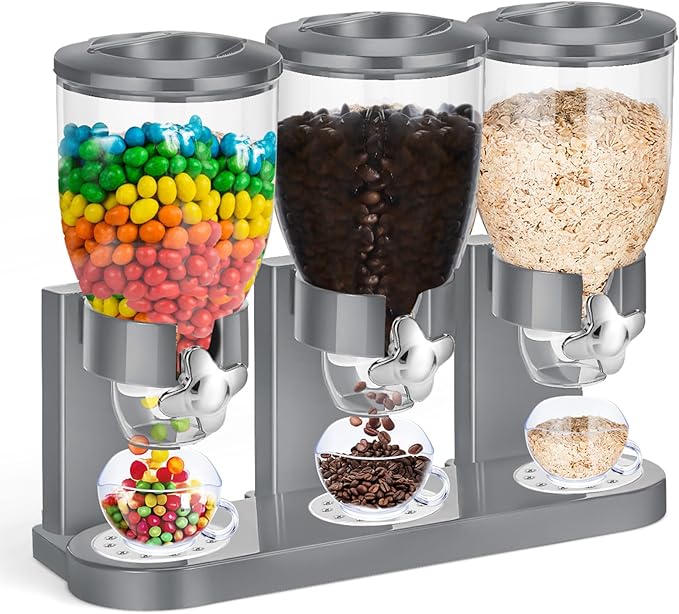 Umigy 1 Pack Triple Indispensable Dry Food Dispenser 67oz Each Capacity Cereal Container for Storage Preserving Dispensing Kitchen Rice Candy Nuts Dog Food Granola Snack Gumball Countertop (Gray)