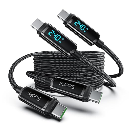 SOOPII USB C to USB C Cable [10FT2-Pack] 100W PD Fast Charging USB C Cable Nylon Braided Type-C Cable with LED Display for lPhone 15/15 Plus MacBook Pro Samsung Galaxy S22/S10 Pixel LG